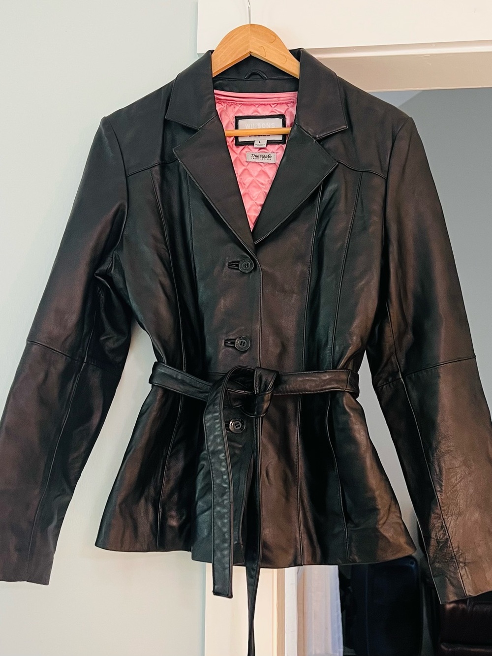Wilsons Leather Black Leather Belted Jacket with Pink Liner
